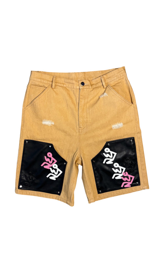 Kaki x Leather “RIGHTBERRY“ Denim shorts
